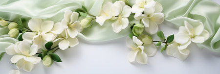 Close up green flowers and silk on white background. Flat lay top view composition with copy space for banner, card, wedding invitation and holiday branding design concept AI generatedの素材