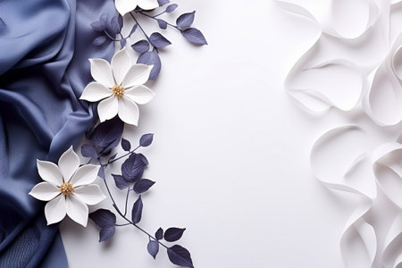 Mockup image close up white flowers and navy silk on white background. Banner, card, invitation and branding design concept Top view. Flat lay. Copy space for text AI generatedの素材
