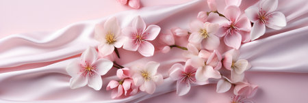 Pink flowers and silk on panoramic background. Flat lay top view composition with copy space for banner, card, wedding invitation and holiday branding design concept AI generatedの素材