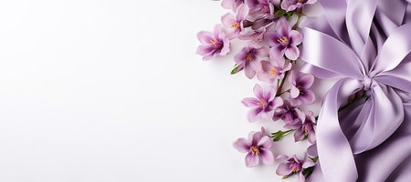 Close up purple flowers and silk ribbon on white panoramic background. Flat lay top view composition with copy space for banner, card, wedding invitation and holiday branding design concept AI generatedの素材