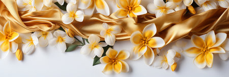 Yellow flowers and silk ribbons on white panoramic background. Flat lay top view composition with copy space for banner, card, wedding invitation and holiday branding design concept AI generatedの素材