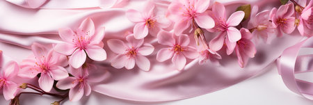 Pink flowers and silk on white panoramic background. Flat lay top view composition with copy space for banner, card, wedding invitation and holiday branding design concept AI generatedの素材