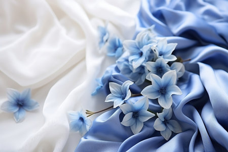 Mockup image close up blue flowers and silk on white fabric background. Banner, card, invitation and branding design concept Top view. Flat lay. Copy space for text AI generatedの素材