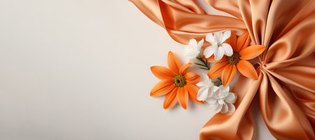 Close up flowers and orange silk ribbon on white panoramic background. Flat lay top view composition with copy space for banner, card, wedding invitation and holiday branding design concept AI generatedの素材