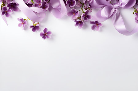 Close up purple flowers and silk on white background. Flat lay top view composition with copy space for banner, card, wedding invitation and holiday branding design concept AI generatedの素材