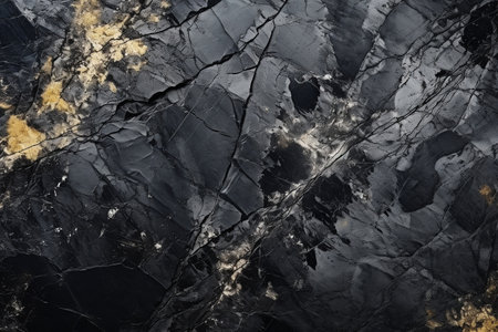 Black stone texture with gold veins. Abstract natural volumetric dark gray rock background with copy space. Grunge modern surface for banner design AI generatedの素材