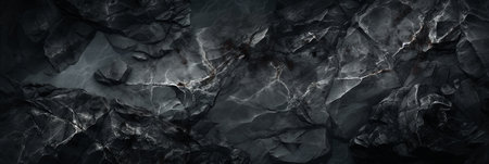 Black stone texture with cracks. Wide panoramic abstract natural volumetric dark gray rock background with copy space. Grunge modern surface for banner design AI generatedの素材