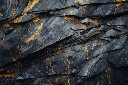 Gold and gray stone texture with cracks. Abstract wide natural granite dark rock background with copy space. Grunge modern surface for banner designの素材