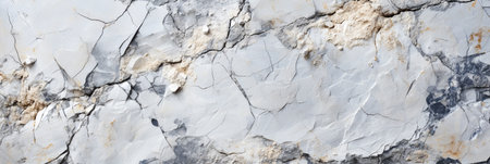 White grunge rock wide panoramic texture of the stone wall. Abstract background with cracks. Natural gray surface with copy space for modern banner designの素材