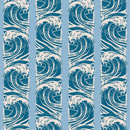 Vintage Ocean Waves in Blue and Beige Stripe Pattern. Bold vintage-style ocean waves, deep blue on beige and blue striped background. Inspired by Japanese woodblock prints, perfect for coastal themes.のイラスト素材