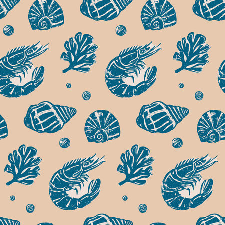 Vintage Blue Shrimp, Shells, and Seaweed on Beige Pattern. Hand-drawn shrimp, seashells, and seaweed in blue on a beige background, vintage coastal, marine-inspired pattern, perfect for ocean themes.のイラスト素材