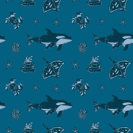 Vintage Orcas, Stingrays, and Crabs on Deep Blue Pattern. Hand-drawn orcas, stingrays, crabs, and sea elements in shades of blue vintage marine-inspired pattern, perfect for ocean and nautical themes.のイラスト素材