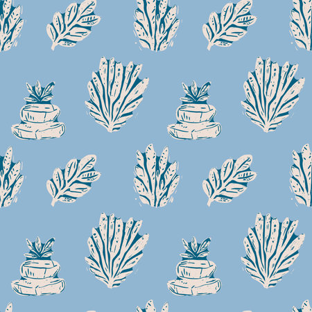 Vintage Blue and White Seaweed on Light Blue Pattern. Hand-drawn seaweed and stacked stones in blue and white on a light blue background vintage coastal-inspired pattern, perfect for ocean themes.のイラスト素材