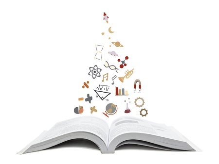 Symbols of knowledge in many branches floating from a bookの写真素材