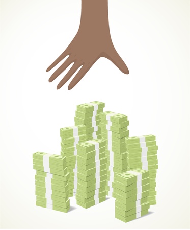 a black hand trying to reach piles of banknotesのイラスト素材