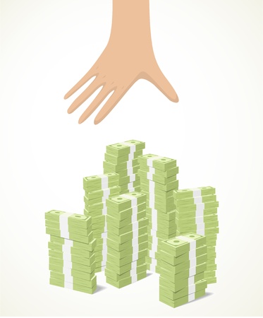 a yellow hand trying to reach piles of banknotesのイラスト素材