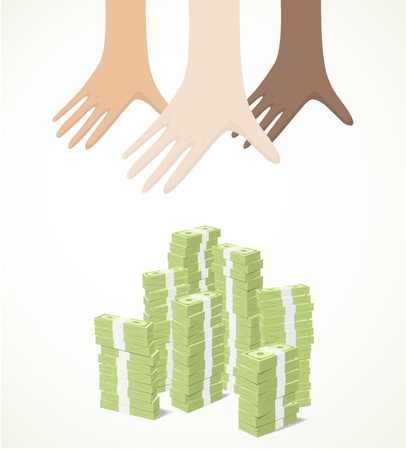hands reaching for piles of banknotesのイラスト素材