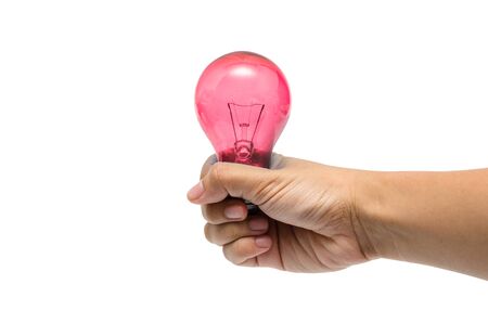 a hand holding a red lightbulbの写真素材