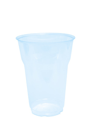 an empty blue transparent disposible glassの写真素材