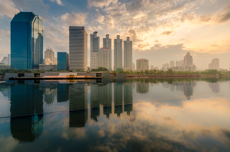 reflection of towers in bangkok thailandの写真素材