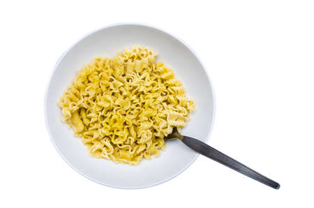 boiled instant noodle in a white bowlの写真素材