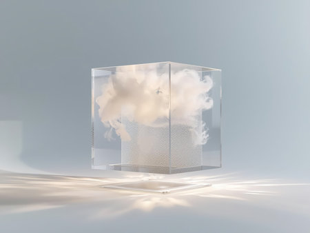 Glass cube with clouds on a white background. 3D rendering.の素材