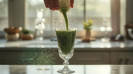Green smoothie in glass with splashes of water on countertopの素材