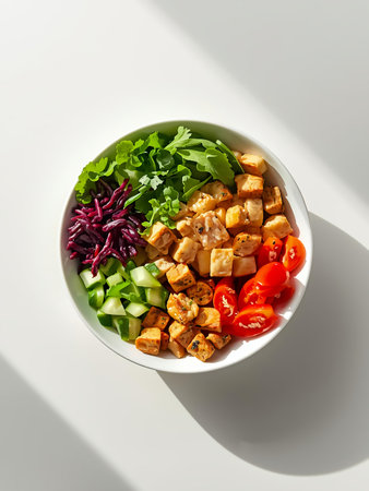 Healthy salad with tofu and vegetables in bowl on white background, top viewの素材