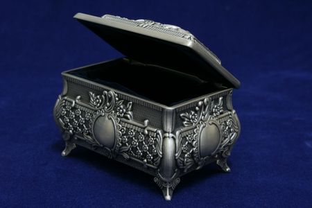 Open jewellery box of pewterの写真素材