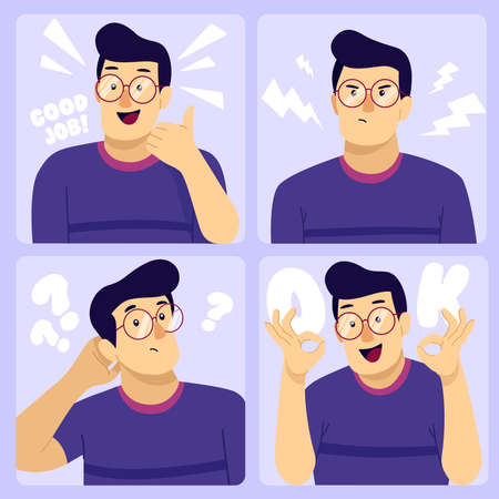 gestures of a man with glasses expressions of disappointment confusion anger thinking and happyのイラスト素材