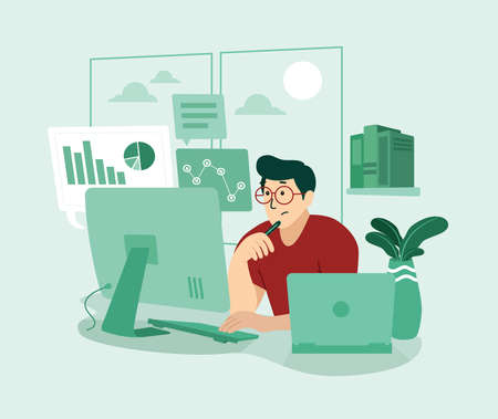 a busy man working from home in a flat designのイラスト素材