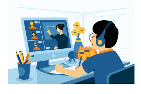 a young boy enjoys virtual learning, watching learning videosのイラスト素材
