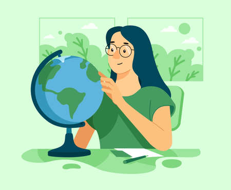 a young student studying geography with a globe in the classroomのイラスト素材