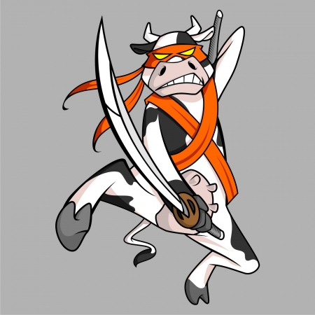 Illustration of ninja cow which jumping to attack  It ideal for mascot, poster, tshirt, and others のイラスト素材