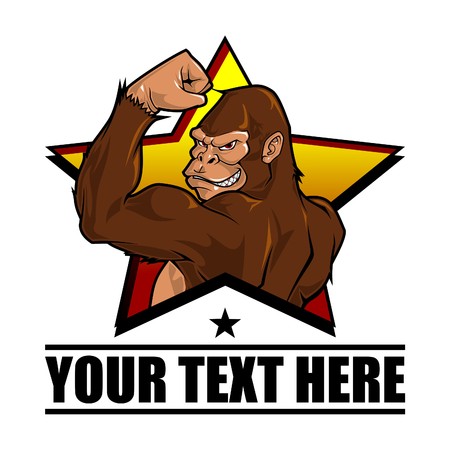 Illustration of Smiling gorilla that have muscled arm, showing his power and how strong he is, with star behind it as the background. It can be used as a mascot or illustration for fitness company, sports company, masculine organization and other businessのイラスト素材