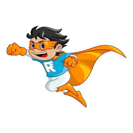 Illustration of boy that become the super hero, he use mask and cape. And he running so fast and so rushのイラスト素材