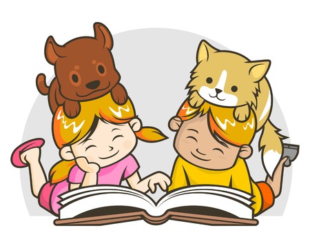 Illustration of kids (boy and girl) with their pets (dog and cat) are reading book togetherのイラスト素材