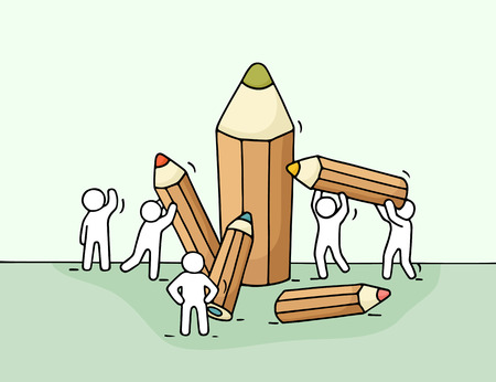 Sketch of little people with pencils. Doodle cute miniature with workers and stationery.のイラスト素材