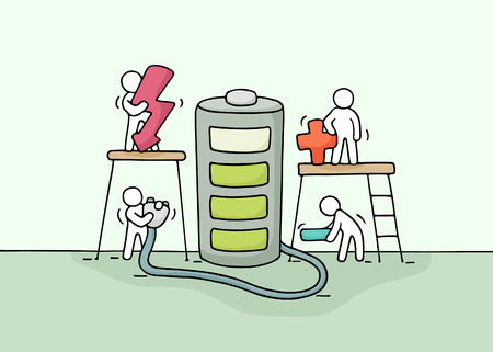 Sketch of working little people with battery. Doodle cute miniature scene of workers with charger.のイラスト素材