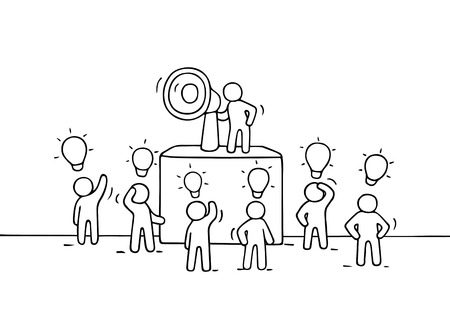 Sketch crowd of little people with lamp idea. Doodle cute miniature with leader on the tribune and megaphone. Hand drawn cartoon vector illustration for business design.のイラスト素材