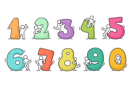 Cartoon icons set of sketch working little people with numbers. Doodle cute miniature scenes of workers with numbers. Hand drawn vector illustration for school design and infographic.のイラスト素材