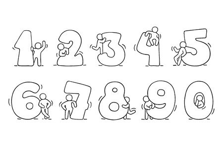 Cartoon icons set of sketch working little people with numbers. Doodle cute miniature scenes of workers with numbers. Hand drawn vector illustration for school design and infographic.のイラスト素材