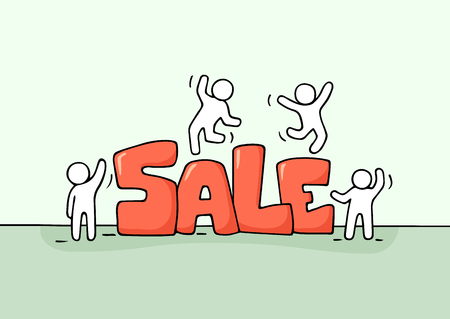 Sketch of working little people with word sale. Doodle cute miniature scene of workers preparing for the shopping. Hand drawn cartoon vector illustration.のイラスト素材