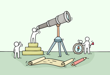 Sketch of working little people with spyglass, teamwork. Doodle cute miniature scene of workers discovery something . Hand drawn cartoon vector illustration for business design and infographic.のイラスト素材
