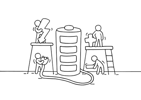 Sketch of working little people with battery. Doodle cute miniature scene of workers with charger....