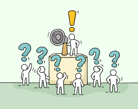 Sketch crowd of little people with questions. Doodle cute miniature with leader on the tribune and megaphone. Hand drawn cartoon vector illustration for business design.のイラスト素材