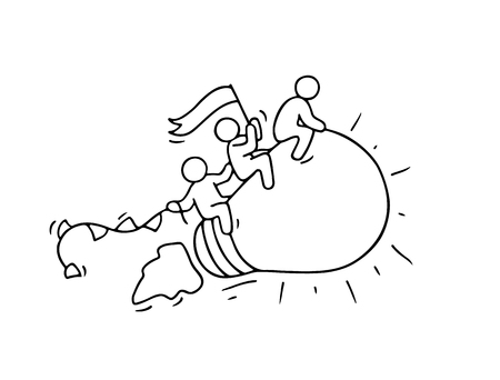 Sketch of working little people with flying lamp idea. Doodle cute miniature scene of creative workers. Hand drawn cartoon vector illustration for business design and infographic.のイラスト素材