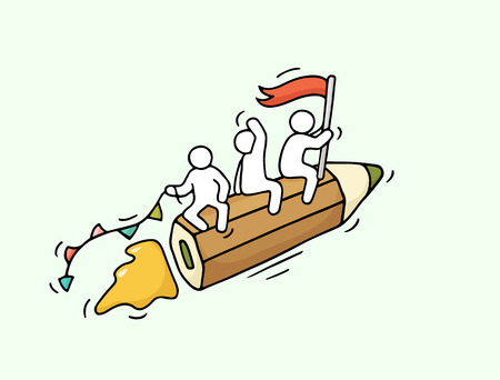 Sketch of working little people with flying pencil. Doodle cute miniature scene of workers. Hand drawn cartoon vector illustration for business and school design.のイラスト素材