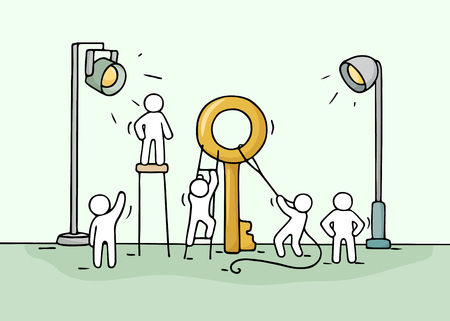 Sketch of working little people with big key. Doodle cute miniature scene of workers with discovery concept. Hand drawn cartoon vector illustration for business design and infographic.のイラスト素材