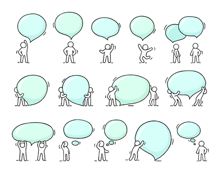 Speech bubbles icons set with little people. Doodle cute miniature scenes of workers with chat clouds. Hand drawn cartoon vector illustration for social design.のイラスト素材
